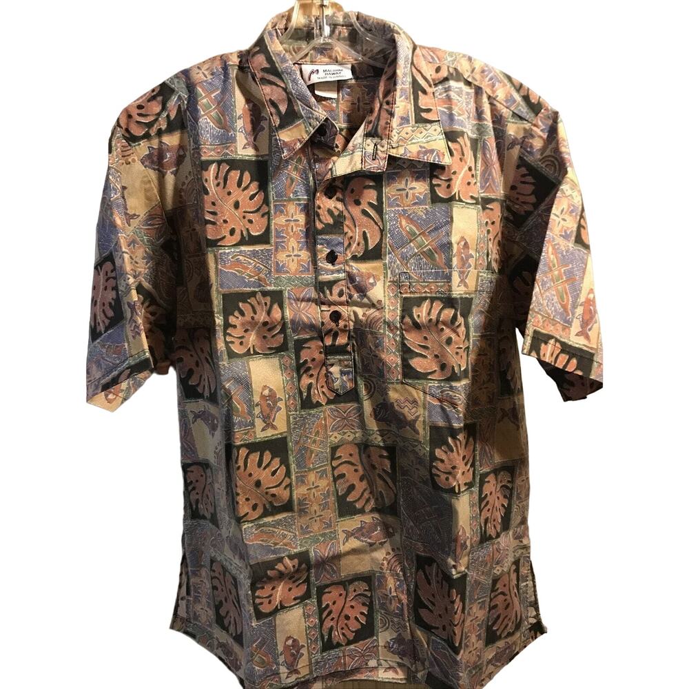 Malihini Vintage Men’s L orange Triball Short Sleeve Button Up Hawaiian Shirt